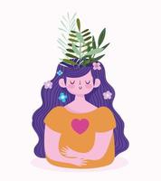 world mental health day, girl with foliage leaves inside brain vector