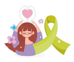 día mundial de la salud mental, niña, cerebro, amor, cinta verde vector