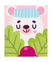 merry christmas, cute bear face with hat and holly berry card vector