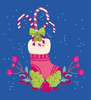 merry christmas, stocking with candies cane holly berry celebration card vector