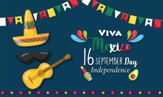 dia de la independencia mexicana, sombrero guitarra bigote banderines decoracion, viva mexico se celebra en septiembre vector