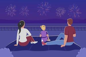 Family watching fireworks flat color vector illustration