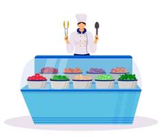 Hotel smorgasbord flat color vector illustration. Served buffet style table. Food court with fresh vegetables. Catering service. Restaurant worker. Chef isolated cartoon character on white background