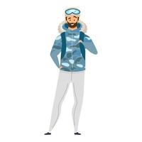 Ilustración de vector de color plano de explorador. hombre en ropa deportiva de invierno. turista masculino en abrigo de camuflaje. aventurero en uniforme de estilo militar. Expedicionario personaje de dibujos animados aislado sobre fondo blanco.