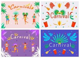 Conjunto de plantillas de vector plano de banner de carnaval. diseño de conceptos de palabra de cartel horizontal. músicos y bailarines de dibujos animados con tipografía. símbolos de la fiesta nacional sobre fondos de colores