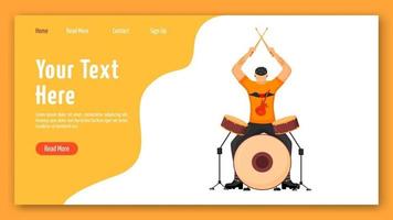 Drummer landing page vector template. Drum player website interface idea with flat illustrations. Musician homepage layout. Rock and roll. Rock music band member web banner, webpage cartoon concept