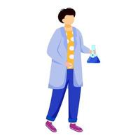 Science student in lab coat flat vector illustration. Boy studies medicine, chemistry. Practical lessons in university. Man with laboratory flask isolated cartoon character on white background