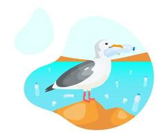 Gaviota con botella de plástico icono de concepto plano. contaminación plástica en el problema del océano. pájaro que sostiene en la etiqueta engomada del envase desechable del pico, clipart. ilustración de dibujos animados aislado sobre fondo blanco vector