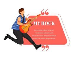 Rock guitarist flat color vector illustration. Jumping guitar player. Isolated cartoon character. Quote blank frame template. Trapezuim shaped red speech bubble. Quotation, citation text box design.