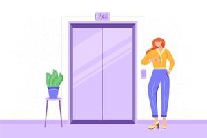 Employee in office hall flat vector illustration. Staff member waiting for elevator. Office corridor interior. Worker going to meeting. Candidate heading to interview. Businesswoman cartoon character