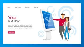 Information kiosk landing page vector template. Interactive display website interface idea with flat illustrations. Digital panel with touchscreen homepage layout. Innovative technology web banner