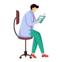 Scientist reading book, journal flat vector illustration. Doctor sits on chair. Getting, analysing information. Man in blue lab coat isolated cartoon character on white background