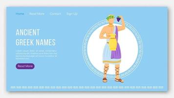 Ancient greek names landing page vector template. Greek pantheon. Mythology tradition website interface idea with flat illustrations. Homepage layout, web banner, webpage cartoon concept