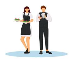 Hotel waiters in uniform flat color vector illustration. Food catering service. Waitress holding vegetable salads. Restaurant workers with dishes isolated cartoon characters on white background