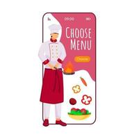 Choose menu cartoon smartphone vector app screen. Mobile phone display with chef flat character design mockup. Restaurant, catering service. Food ordering application telephone interface