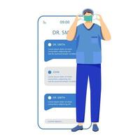 Online medicine and healthcare smartphone vector app screen. Chat with medic. Mobile phone displays with cartoon characters design mockup. Remote doctor consultation application telephone interface