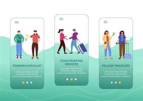 Plantilla de vector de pantalla de aplicación móvil de incorporación de turismo de presupuesto. servicios de couchsurfing. lista de verificación de turismo. paso a paso del sitio web con caracteres planos. concepto de interfaz de dibujos animados de smartphone ux, ui, gui