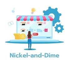 Nickel-and-dime flat vector illustration. Lowest price strategy. Selling low-priced products and service with additional charges. Business model. Isolated cartoon character on white background