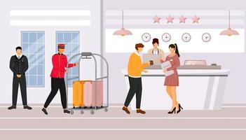 Hotel reception flat vector illustration. Guest talking with resort manager in lobby. Registration, waiting area. Bellman carrying baggage cart with suitcases. Staff cartoon characters