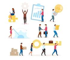 Organization functioning flat vector illustration set. Company employees working together. Business model. Teamwork, cooperation. Effective workflow. Isolated cartoon character on white background