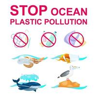 Stop plastic pollution in ocean flat concept icons set. Marine animals trapped in garbage stickers, cliparts pack. Nature protection. Waste in ocean. Isolated cartoon illustrations on white background vector