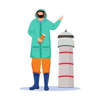 Lighthouse keeper flat vector illustration. Maritime occupation. Seafarer in raincoat with lantern isolated cartoon character on white background