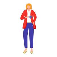 Female office worker flat vector illustration. Employee during break. Elegant business lady. Woman in formal clothes with cup of coffee isolated faceless cartoon character on white background