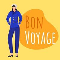 Bon voyage social media post mockup. Female sailor. Safe journey wish. Advertising web banner design template. Social media booster, content layout. Promotion poster, print ads with flat illustrations vector