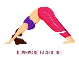 Ilustración de vector plano de perro boca abajo. adho mukha shvanasana. mujer caucásica realizando postura de yoga en ropa deportiva rosa y morada. ejercicio. personaje de dibujos animados aislado sobre fondo blanco