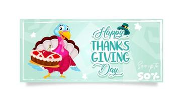 Feliz día de acción de gracias plantilla de vector plano de banner. venta de vacaciones de otoño. Piligrims Turquía con personaje de dibujos animados aislado de tarta de cerezas. banner, folleto, diseño de folleto con lugar para texto