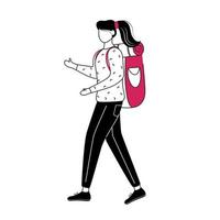 turista de niña con mochila ilustración de vector de contorno plano. Ideas de viaje baratas para estudiantes personaje de contorno de dibujos animados aislado sobre fondo blanco. camping y senderismo. presupuesto turismo dibujo simple