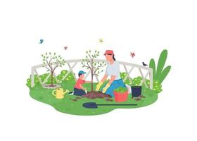 madre con niño plantando árboles color plano vector personajes sin rostro