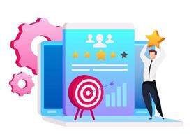 Man holding star flat concept vector illustration. Marketing automation 2D cartoon character for web design. Lead management. Arrow in target. Customer relationship management creative idea