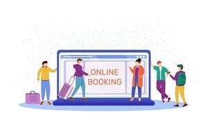 Ilustración de vector plano de reserva en línea. eligiendo hotel en internet. haciendo reserva en el sitio web. turistas con equipaje, maletas. preparación para viaje, viaje, vacaciones personajes de dibujos animados