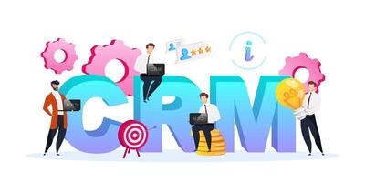 CRM word concepts flat color vector banner. Isolated typography with tiny cartoon characters. Business processes improvement. Customer relationship management creative illustration isolated on white