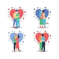 Hugging couples in love flat color vector detailed character set