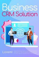 Business CRM solution poster flat vector template. Collaboration and teamwork. Brochure, booklet one page concept design with cartoon characters. Smiling employees with laptops flyer, leaflet