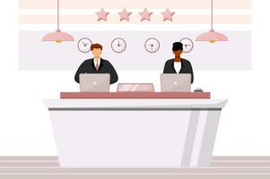 Receptionists at front desk flat color vector illustration. Multicultural hotel staff. Guest registration area, lobby. Reception workers isolated cartoon characters on white background