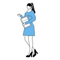 Resort manager flat vector illustration. Woman in dress holding clipboard with rating stars. Service staff, hospitality employee. Hotel administrator cartoon character with outline on white