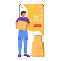 You have delivery cartoon smartphone vector app screen. Parcel tracking notification. Man with packages. Mobile phone displays with flat character design mockup. Application telephone cute interface