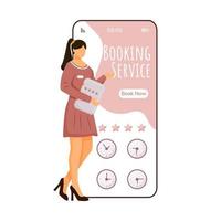 Booking service cartoon smartphone vector app screen. Mobile phone display with flat manager character design mockup. Room reservation. Hotel rating application telephone interface