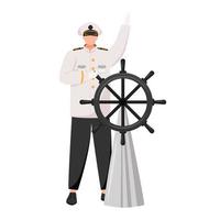 Captain flat vector illustration. Navigator with helm. Cruise liner. Seafarer. Skipper in work uniform isolated cartoon character on white background