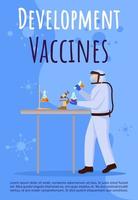 Development of vaccines poster vector template. Man in protection suit. Brochure, cover, booklet page concept design with flat illustrations. Advertising flyer, leaflet, banner layout idea