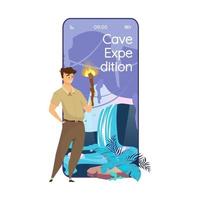 Cave expedition cartoon smartphone vector app screen. Trip to inside of mountain. Mobile phone displays with flat character design mockup. Cavern exploration application telephone cute interface