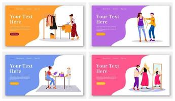 Fashion designer landing page flat color vector template set. Taking measurements homepage layout. Design and sew clothes one page website interface with cartoon illustration. Atelier banner, webpage