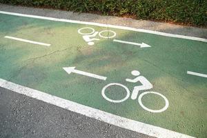 Bike lane signs painted onto a green bike lane. Bicycle lane in the park. photo
