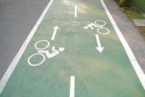 Bike lane signs painted onto a green bike lane. Bicycle lane in the park.