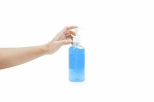 Hands using alcohol gel isolated on white background. Cleaning hands with alcohol gel. photo