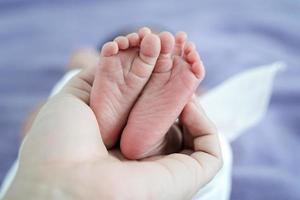 Small newborn baby legs in the hands of parents. Baby foots on father hand. photo