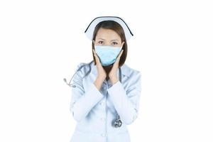 Asian doctor woman or hospital nurse in scrubs using protective medical face mask in prevention vs virus infection. photo